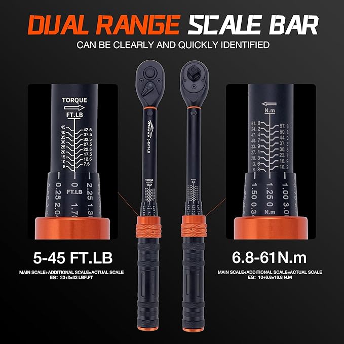 3/8-Inch Drive Torque Wrench, 5–45 Ft-Lb (6.8–61 Nm), ±3% Accuracy, 72-Tooth Dual-Direction Mini Torque Wrench with Reversible Head, Quick Release, Dual Scale for Bike (3/8-Inch, 5-45 FT.LB)
