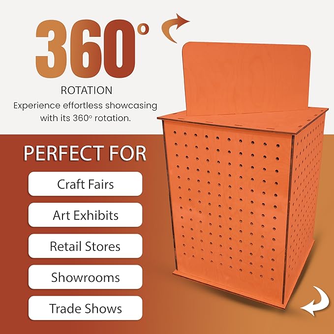 TORCHED DISPLAYS Rotating Display Stand | 22.5 x 16.76-inch | Rotating Organizer Wood Pegboard | Pegboard Display Stand for Craft Shows, Vendor Events, Jewelry, Accessories | Orange