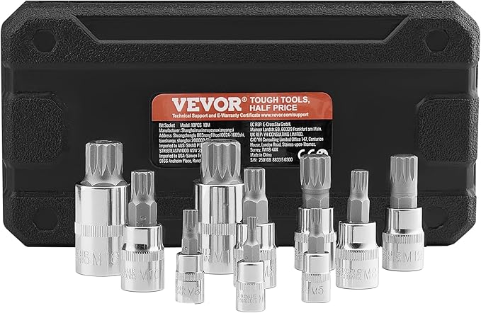 VEVOR XZN Triple Square Spline Bit Socket Set, 10-Piece M4 - M18, Premium Cr-V Steel, 1/4 in, 3/8 in, and 1/2 in Drives, with Enhanced Storage Case, Triple Square Socket Set for Hand Use, Automotive