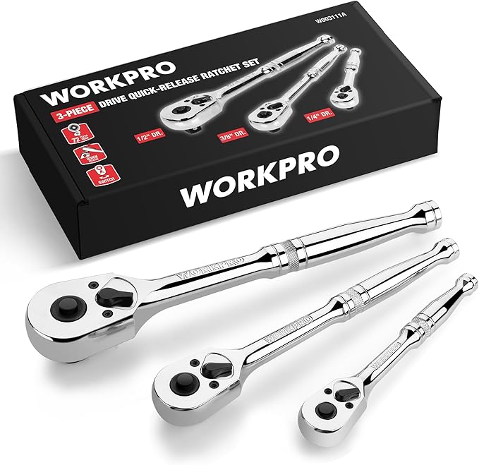 WORKPRO 3-Piece Ratchet Set, Quick Release Reversible, 72-Tooth, 1/4", 3/8", 1/2" Drive Ratchet Wrench, 5 Degree Swing, Chrome Alloy Made, Full Polished, EVA Storage