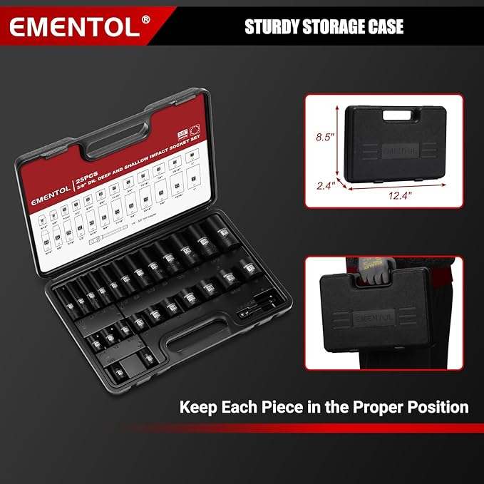 EMENTOL 3/8" Drive Impact Socket Set, 25PCS, SAE(5/16"- 1"), Deep and Shallow, 12 Point, Includes Drill Bit Adapter