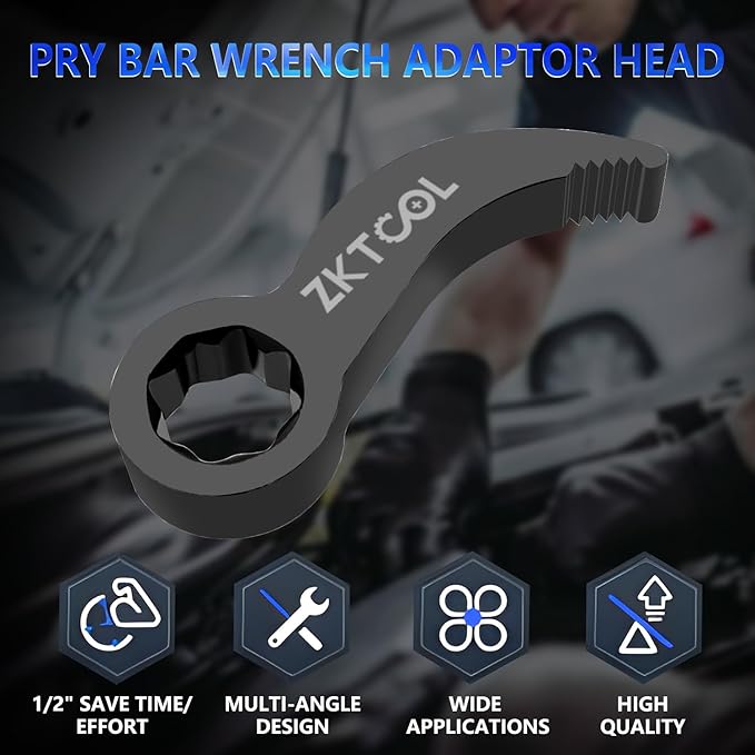 ZKTOOL Pry Bar Wrench Adaptor Head 1/2" D 8pt (Square) Profile,Crowbar Adapter Head Tools, Adjustable Angle Head Pry Bar Fits1/2 Ratchet, Pry Bar Wrench Adaptor Head for Tight Spaces