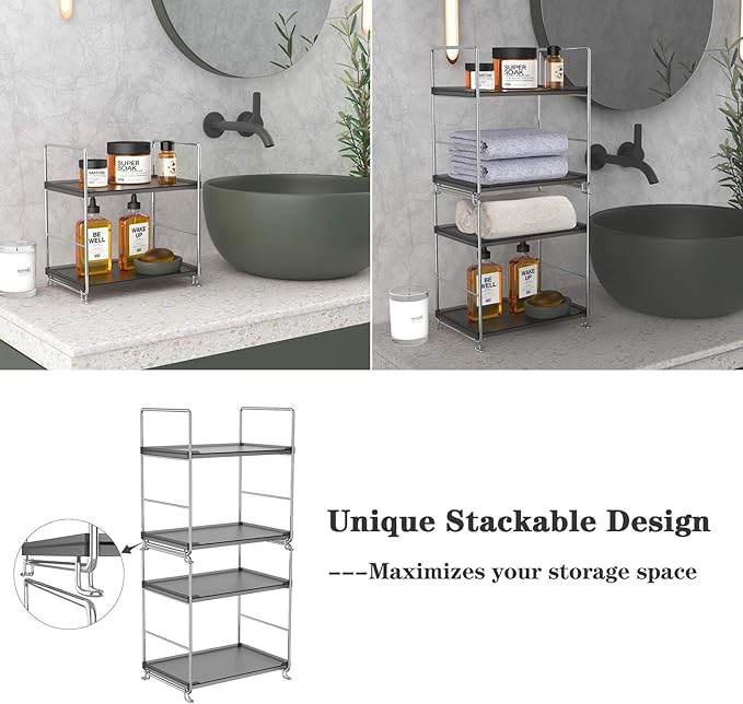 2-Tier Bathroom Organizer Countertop Storage Shelf, Vanity Tray Cosmetic Stackable Storage Rack, Kitchen Spice Rack (Chrome + Black)