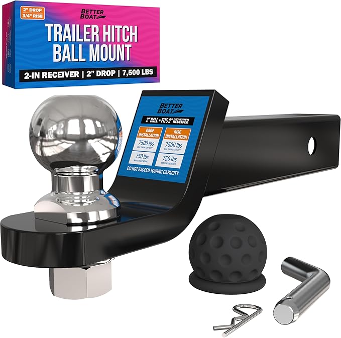 2 Inch Ball Hitch Mount Kit with Trailer Ball, Pin and Cover, Fits 2 Inch Receiver, 7500 lbs, 2 Inch Drop and 3/4 Inch Rise - Better Boat