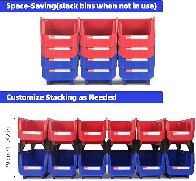 Stackable Storage Bins 12 Pack (11x5x5 Inch), Plastic Stackable Storage Organizer Bins Wall Mounted Hanging Samll Parts Bin for Garage, Workbench & Office (Blue & Red)