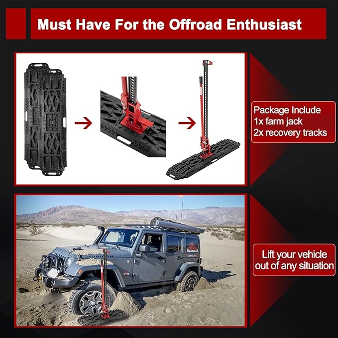 BUNKER INDUST Offroad High Lift Jack with Pair Traction Board Mate,48" FarmJack with Sand Mud Snow Track Mat Board, Offroad Tire Recovery Kit for Car Truck Jeep ATV SUV UTV