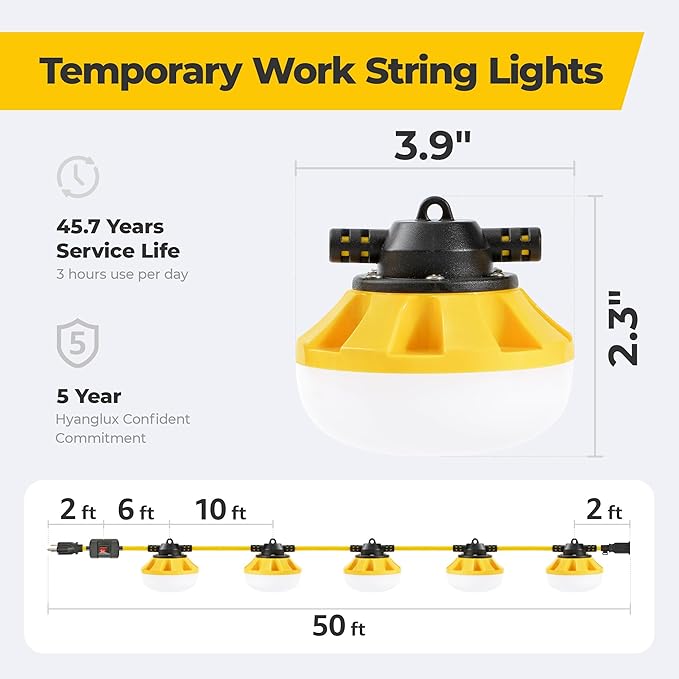 3 Prong LED String Lights: 50FT Linkable ETL Certified Bright Work Lights with Mechanical Switch, Hanging Temporary Outdoor/Indoor Lighting for Construction Attic Jobsite Garage Shop