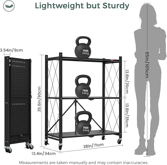 DEANIC 3 Tier Foldable Storage Shelves with Wheels, Kitchen Appliance Stand, Freestanding Metal Wire Shelf Rack, No Assembly Organizer Rolling Cart for Garage, Basement, Pantry(Black Pack of 2)