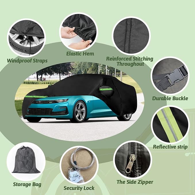 for 2010-2025 Chevy Camaro Waterproof Car Covers, 210T All Weather Protection Full Car Cover with Windproof Gust Strap and Zipper Door for Camaro 1LS 1LT 2LT 3LT(Black)