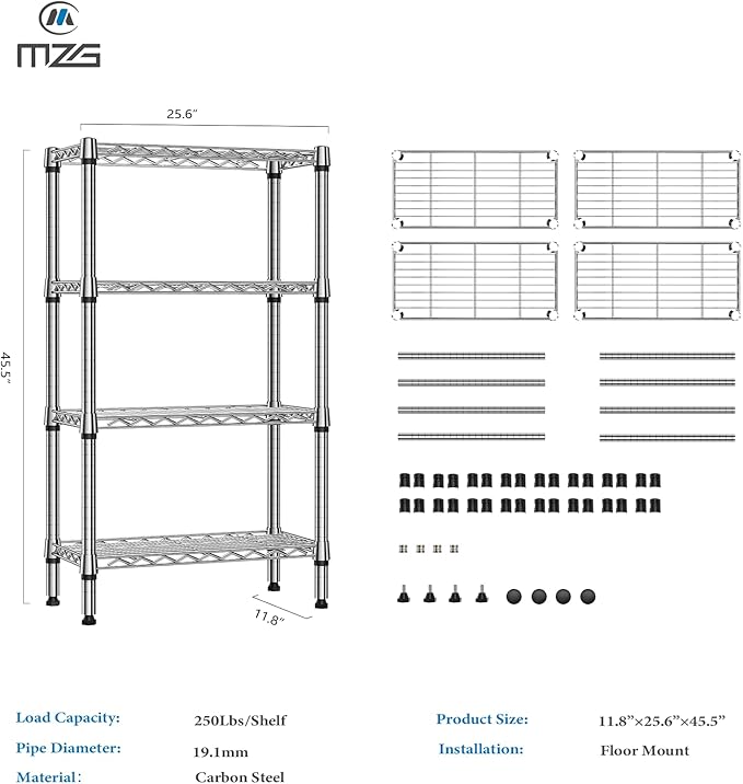 M MZG 1000 lbs 4 Tier Shelf Metal Storage Shelves Wire Rack Closet Organizers for Garage Kitchen Bathroom Laundry Chrome 11.8" D x 25.6" W x 45.5" H