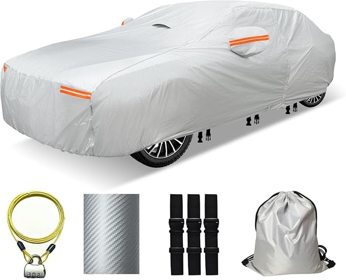 30 Layers Heavy Duty Car Cover for Automobiles All Weather Waterproof, Outdoor Snowproof UV Protection Windproof, Door Zipper, Soft Cotton Universal Car Covers (Silver, Fit Sedans 171"-180")