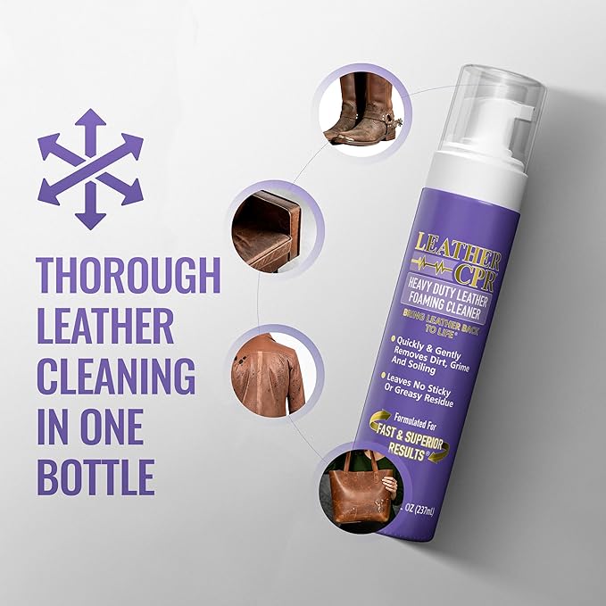Leather CPR Heavy Duty Leather Foaming Cleaner - 8 oz (2 Pack) - Car Interior Cleaner For Heavy Dirt & Grime, Heavily Soiled Furniture Leather Cleaner For Couch, Car Seat, Purses, Shoes, Boots, & More