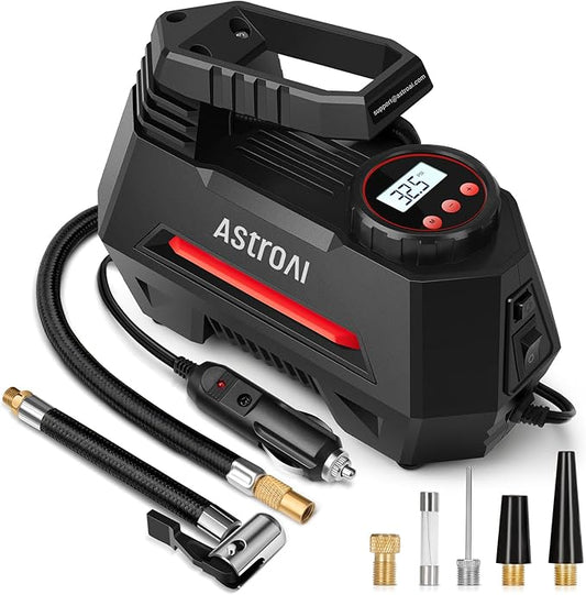 AstroAI Tire Inflator Portable Air Compressor Tire Air Pump for Car Tires - Car Accessories, 9.8Ft Cord-12V DC-Powered Auto Pump with Digital Pressure Gauge, LED Light for Bicycle, Balloons, Red