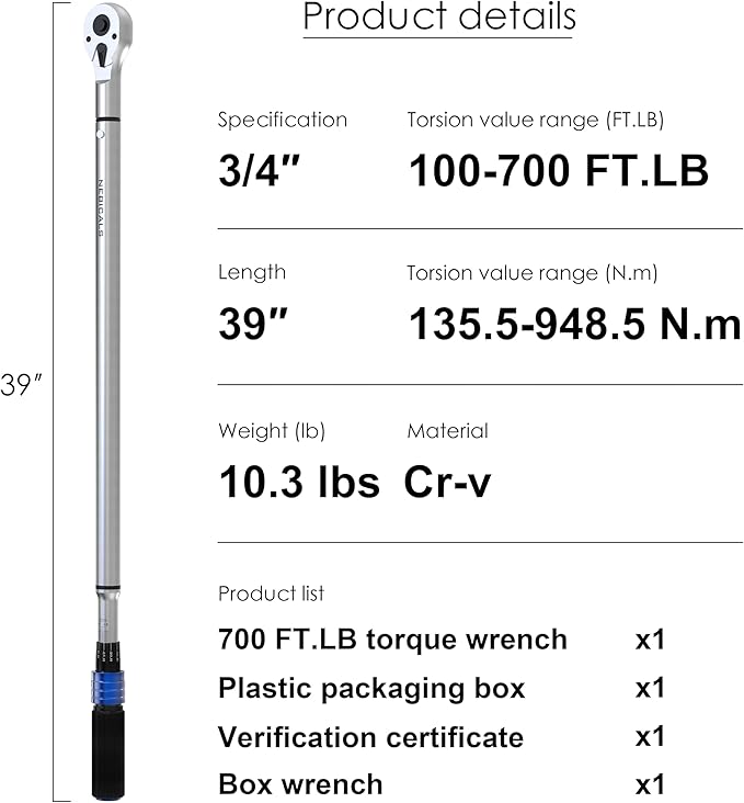 3/4'' Inch Drive Torque Wrench 100-700 Ft Lb / 135-949 Nm/Heavy Duty/Dual Direction/High hardness/Long lifetime/Stored In a Solid Case
