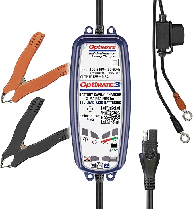 OptiMate3 0.8A, Smart Battery Saving Charger for 12V Lead-acid Motorcycle and Powersport Batteries
