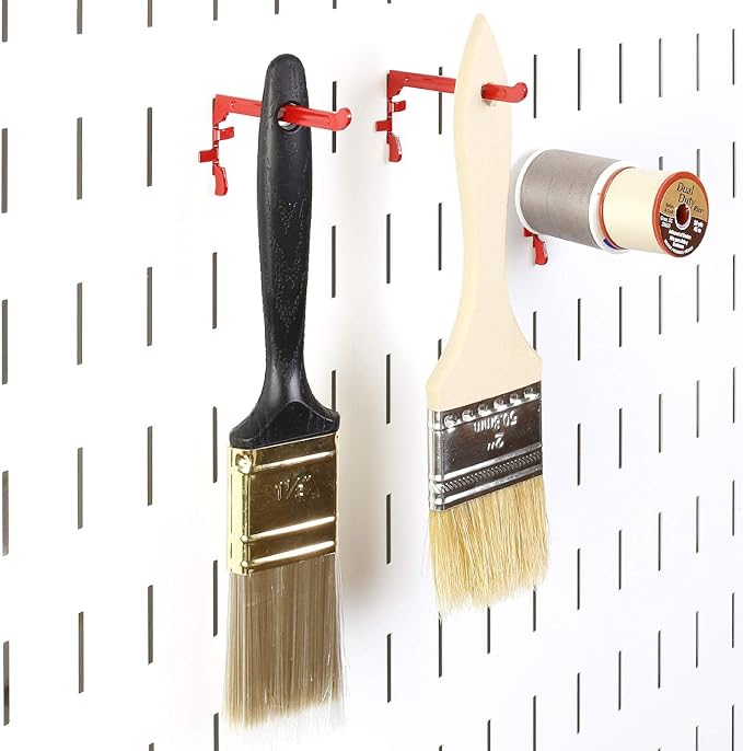 Wall Control Paint Brush Hook and Thread Spool Holder Storage Organizer Pegs Metal Pegboard - (4) Pack of Narrow 3.5-Inch Reach Slotted Peg Hooks for Paint Brushes and Spools (White)
