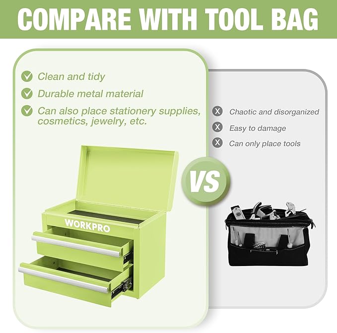 WORKPRO Metal Mini Tool Box, Top Tool Chest containing Two Drawers with Ball Bearing Slides, PVC Drawer Liners and PP Feet Pads, Durable Cold Rolled Steel Small Toolbox for Multi-Purpose Storage