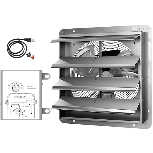 Simple Deluxe 20 Inch Wall Mounted Shutter Exhaust Fan with Temperature Controller and Power Cord Kit, Aluminum, 1200 RPM, 3368 CFM, for Attic, Garage, Louvered Vent, Plant, Greenhouse, Silver