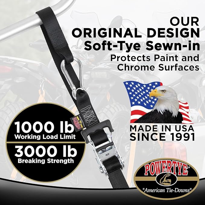PowerTye 1.5in x 6.5ft Heavy Duty Ratchet Tie-Down Straps with Soft-Tye and Carabiner Hooks - 1,000 lb Working Load Limit / 3,000 lb Breaking Strength - Made in USA - Purple/Black (Pair)