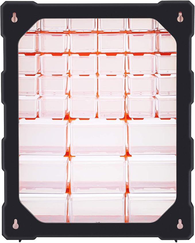 Amazon Basics Wall Mount Hardware and Craft Storage Cabinet Organizer with 39 Drawers, Plastic Garage Organization System with Dividers for Small Parts, Black, Orange, 15" x 6.3" x 18.6"