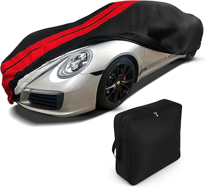 SR1 USA 2012-2026 Car Cover - Custom Fit Outdoor/Indoor Ultraguard Plus 300 Denier Water Resistant UV Protection for Porsche Carrera/Targa/4S/GTS/Turbo/Turbo S (Black with Red Stripes)