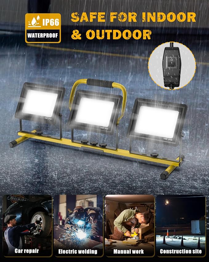 Upgraded LED Work Lights with Stand, 21000 Lumen 3-Head Adjustable Work Light, IP66 Waterproof Construction Tripod Light, Foldable & Portable Work Lights for Garage, Job Site, Outdoor Use