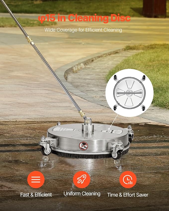 VEVOR 15 Inch Pressure Washer Surface Cleaner, 4000 PSI Stainless Steel Attachment with 4 Wheels, 2 Nozzles, 1/4 Inch Quick Connect and 2 Wands for Concrete, Patio, Deck