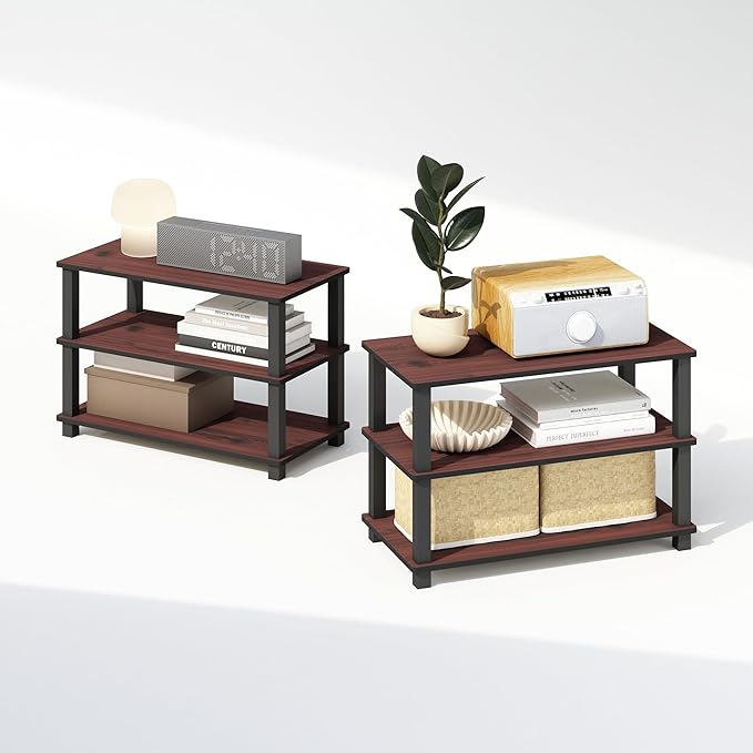 Furinno Turn-S-Tube Storage Shelves Set of 2, 3-Tier Stackable Standing Shelf, Open Corner Shelf, for Organization and Storage, Living Room, Garage, Home Office, Cherry Oak