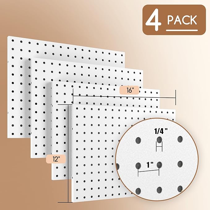 Spampur Peg Board, 4 Pack Metal Peg board Panels, White PegBoard Wall Organizer for Office, Craft Room Storage and Organization, Garage Tool Storage, Sewing Room, Workbench, Kitchen