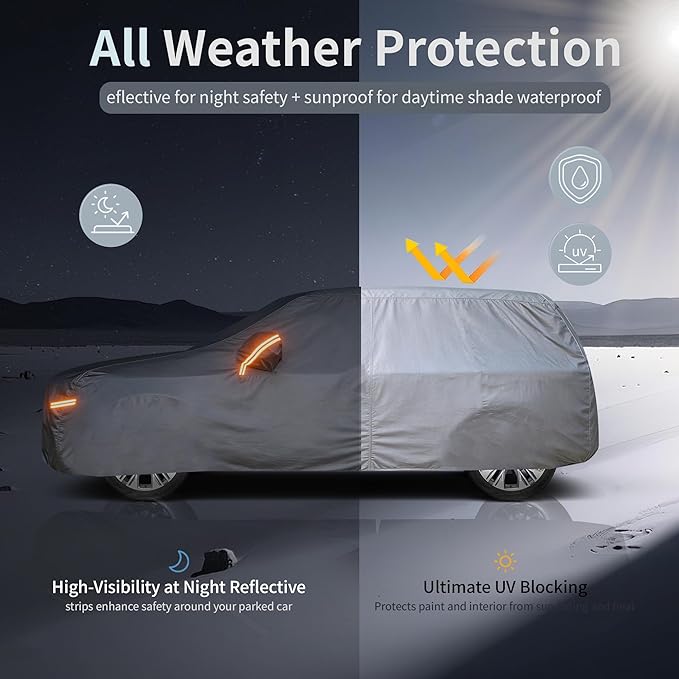 Car Cover Waterproof All-Weather,Heavy-Duty Outdoor Full Exterior Automobiles Snow Cover for SUV 202-218 inch,with Sun Visor,Anti-Scratch Cotton Lining & Zippered,Towel&Storage Bag