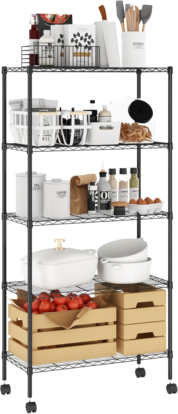Furinno Wayar 5-Tier Metal Storage Shelf Rack Cart with Casters, 30 x 14 x 58, Black