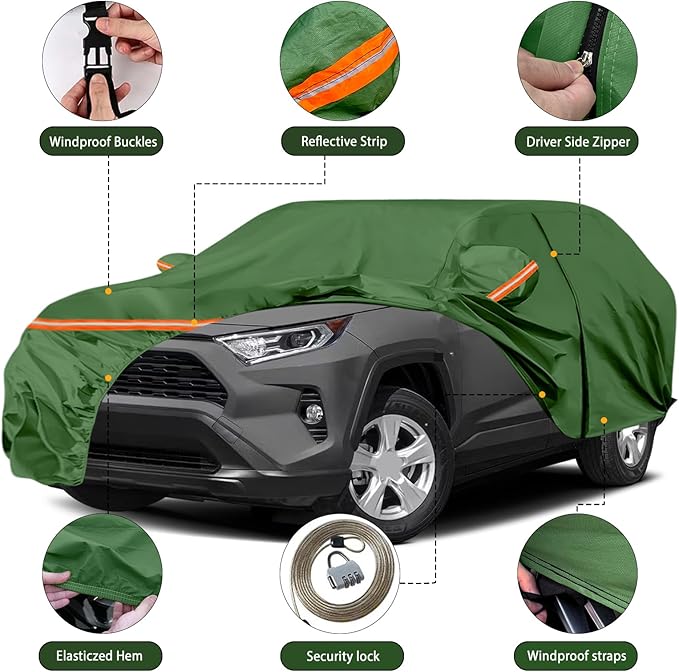 Waterproof Car Covers Replace for 2013-2025 Toyota RAV4, Multilayer Heavy Duty with Cotton Liner All Weather Custom-fit Car Cover with Zipper Door, Windproof Bands for Snow Rain Dust Protection