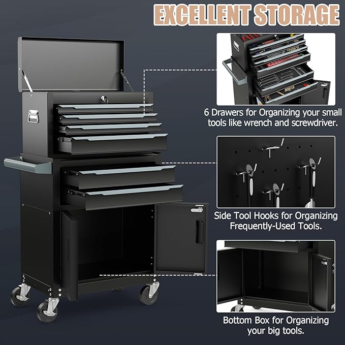 ERGOMASTER Large Rolling Tool-Chest with 6 Drawers Heavy Duty Tool-Cabinet on Wheels Lockable and Lock System for Garage Workshop(28 x 13 x 44”-Black)