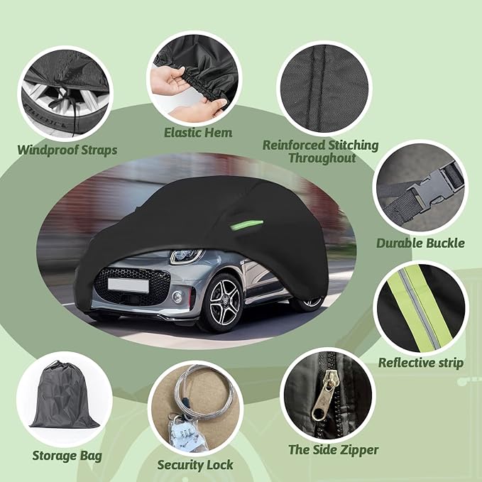Waterproof Car Cover for 2007-2025 Smart Fortwo, 210T Sun Rain UV Dust Snow Protection Outdoor Covers with Zipper Door & Windproof Bands for 2007-2025 Smart Fortwo W451/C453/A453(Black)