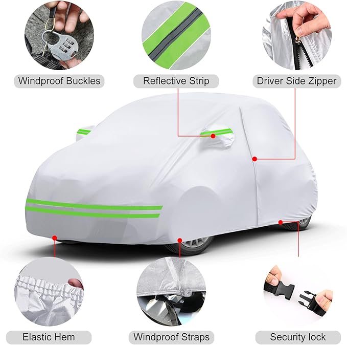 Waterproof Car Covers Replace for 2007-2024 Fiat 500/500C, 6 Layers Silver All Weather Car Cover with Zipper Door & Windproof Bands for Snow Rain Dust Protection