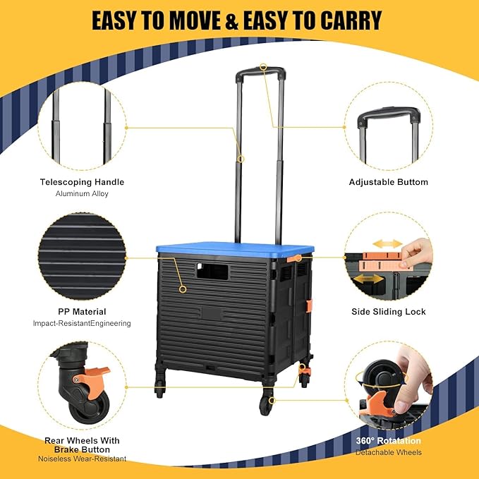 Foldable Utility Cart Folding Portable Rolling Crate Handcart Handcart Shopping Trolley Wheel Box with Lid,360°Rotate Wheels,Heavy Duty Durable Dolly Cart for Teacher Tourist Shopping Office Outdoor