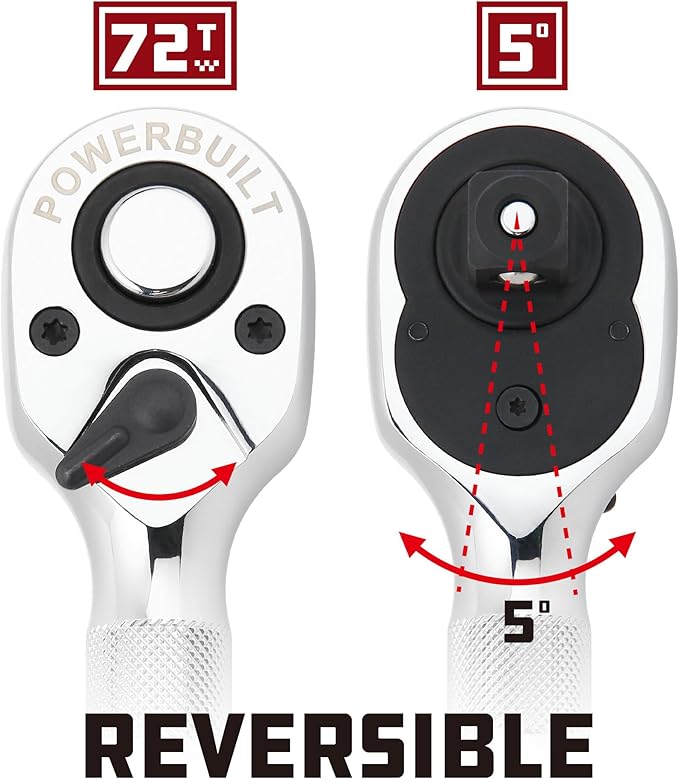 Powerbuilt 3 Piece 1/4-Inch, 3/8-Inch and 1/2-Inch Stubby Ratchet Set, Quick-Release Reversible 90 Tooth, Tight Spaces, Mini Small Ratchet Wrench - 643153ECE