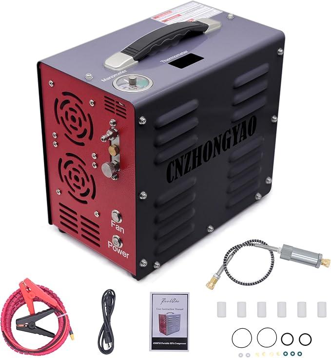 PORTAIR 4500PSI Portable HPA Compressor,Auto-Stop, Oil/Water-Free, Built-in Power Converter PCP Air Compressor for Air Rifle, Scuba Tank, Powered by Car Battery 12V DC or Home 110V AC (Black)
