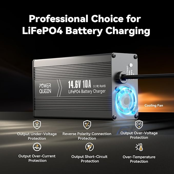 Power Queen 14.6V 10A LiFePO4 Battery Charger, 2-Stage Automatic Smart Battery Charger and Maintenance, LiFePO4 Lithium Batteries Charger, Suitable for 12V (12.8V) Lipo Lithium Iron Phosphate Battery