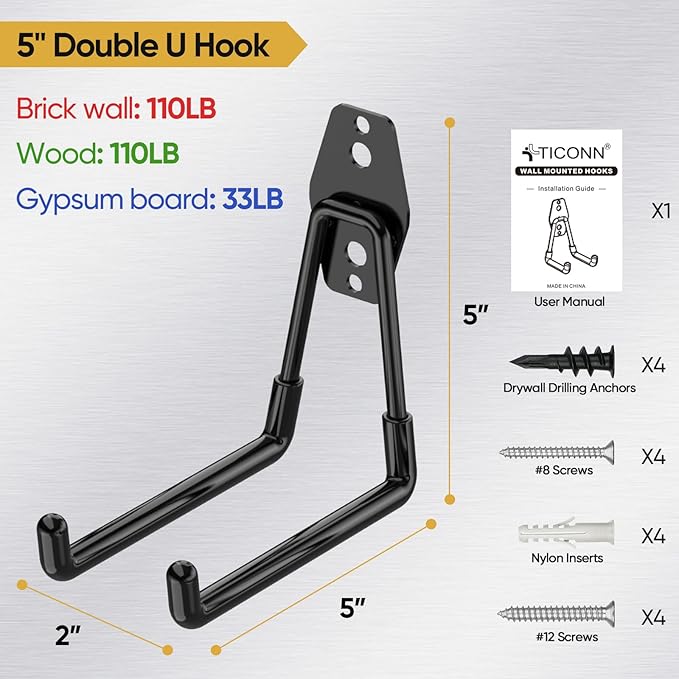 TICONN 2 Pack Heavy Duty Garage Hooks, Steel Utility Wall Storage Hooks, Wall Mount Hanger Organizer for Ladders, Bikes, Tools, Bulky Items (Medium, Black Square)