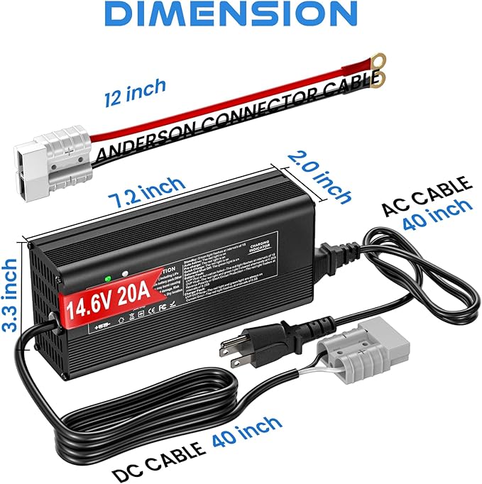 14.6V 20A Lithium Battery Charger, LiFePO4 Charger Supports Battery Recondition AC-DC Smart Charger Special for 12V/12.8V Deep Cycle Rechargeable Batteries of Car, Truck, Boat, RV