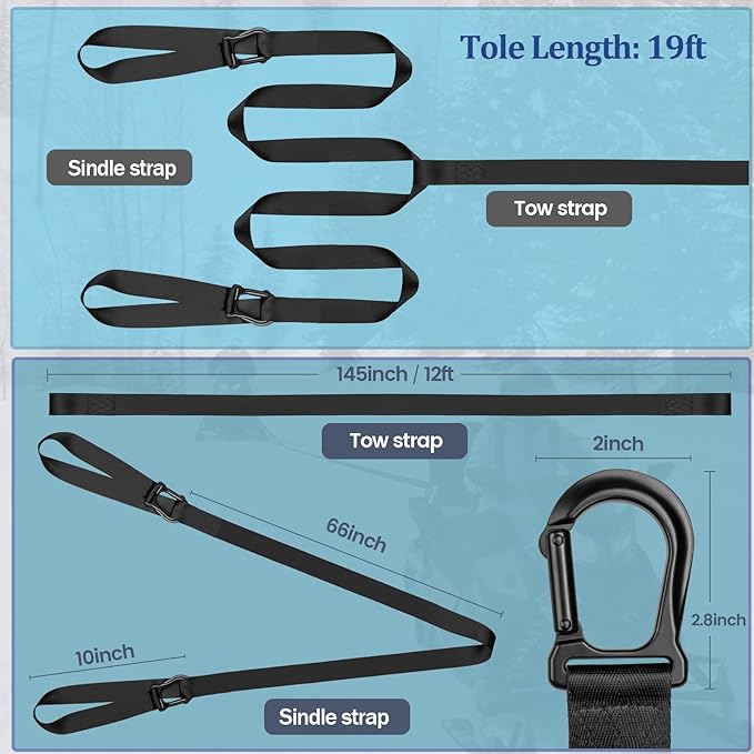 Botepon Snowmobile Tow Strap with Hook, 19ft Tow Rope, Quick Hook Up for Sled, Skidoo, ATV, Emergency Kit Accessory