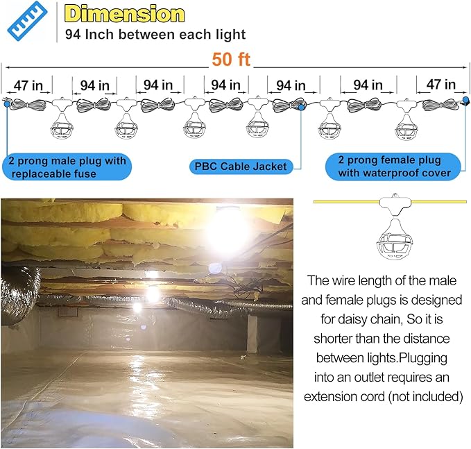 Owleye 50FT Construction String Lights, 85W 8000ML Led String Work Light, Temporary Utility Rope Lighting, 120V, 6 Bulbs, 1 Pack for Crawl Space, Basement