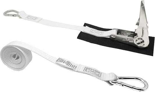 1 Inch Stainless Steel Ratchet Strap, Protective Pad Under Buckle Stainless Steel Carabiner Clip with Grommet On Each End, Fixed End Strap, Total Strap Length 8 Ft