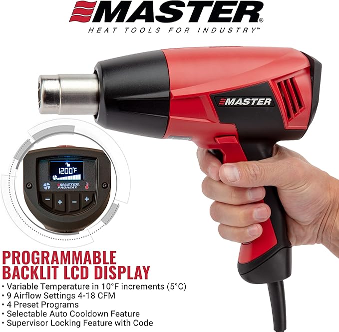 Master Appliance Proheat PH-1400A Professional Heat Gun - Programmable Backlit LCD Display, Quick Change Heating Element, 1560W, 13A, 120V, Engineered in the USA
