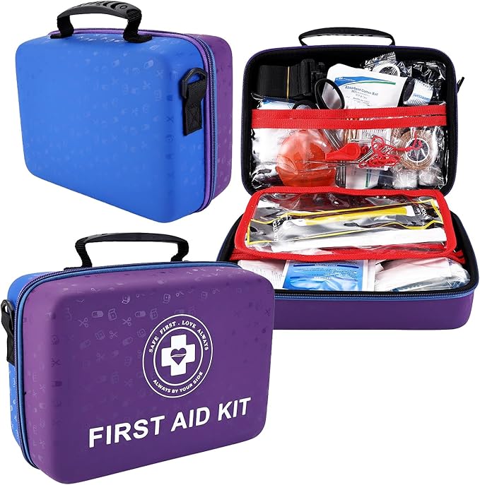 Large First Aid Kit - 410 Piece Dual-Color Emergency Kit with Hard Shell & Fluorescent Interior Coating, Professional Survival Kit for Home, Car, Travel, Hiking & Outdoor(Blue/Purple)
