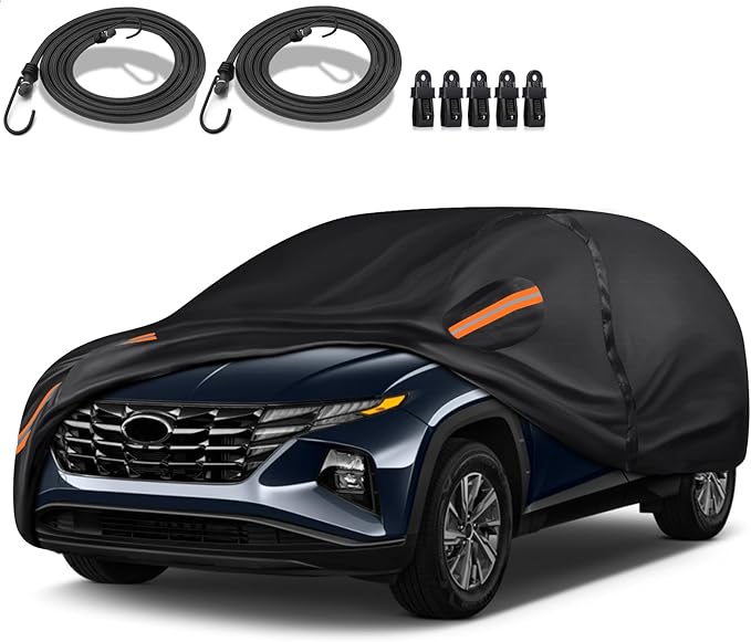 Special 16 Layers Full Car Cover Fit for 2010-2024 Hyun-dai Tucson, Ultra Heavy 600D Oxford Cloth, All-Weather Protection Summer Sun Exposure and Winter Snow Rain Dust UV Black