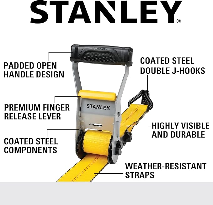 STANLEY S10000J Black/Yellow 2" x 27' Ratchet Strap with Double J-Hooks - 3,333 LBS Safe Working Load / 10,000 LBS Break Strength