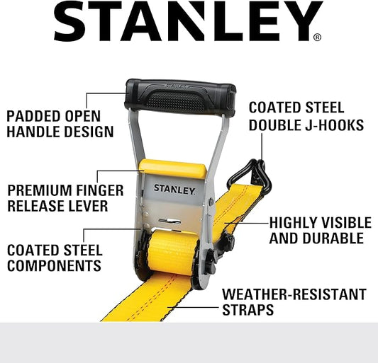 STANLEY S10000J Black/Yellow 2" x 27' Ratchet Strap with Double J-Hooks - 3,333 LBS Safe Working Load / 10,000 LBS Break Strength