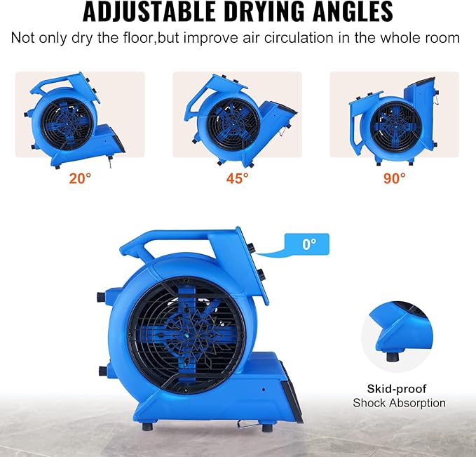 VEVOR Air Mover, 1/2 HP 2600 CFM Carpet Dryer for Cooling and Ventilating, Portable Floor Blower Fan with 4 Blowing Angles and Time Function, for Janitorial, Home, Commercial Use